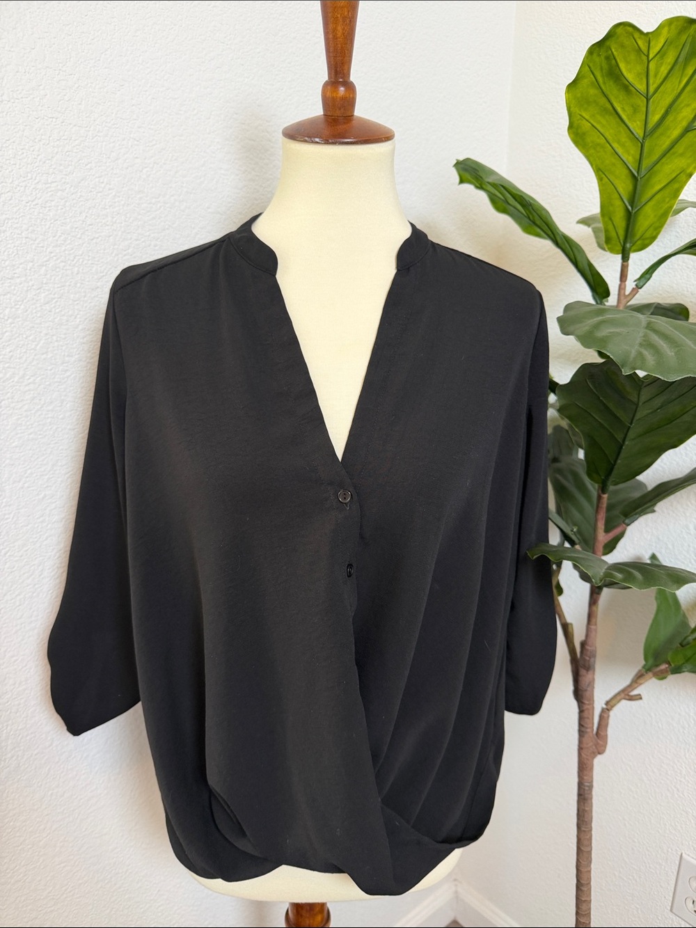 Lush Draped V-Neck Button Front Blouse